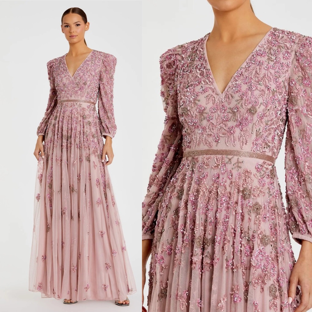 Mac Duggal 5497 Pink Embellished V Neck Long Sleeve A Line Gown Size 16 Nwt